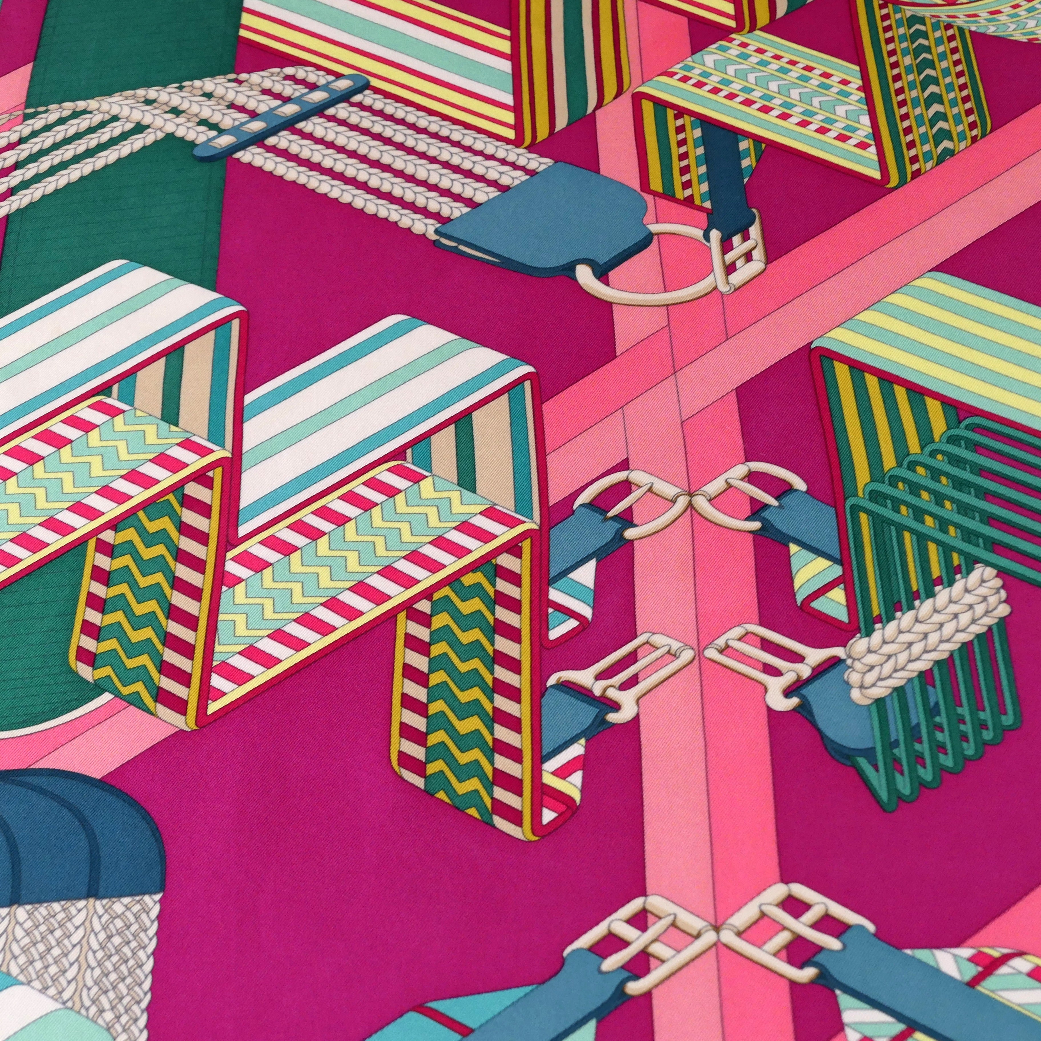 Carré Hermès Sangles en zigzag 90 cm soie, détail sangles entrelacées et damiers