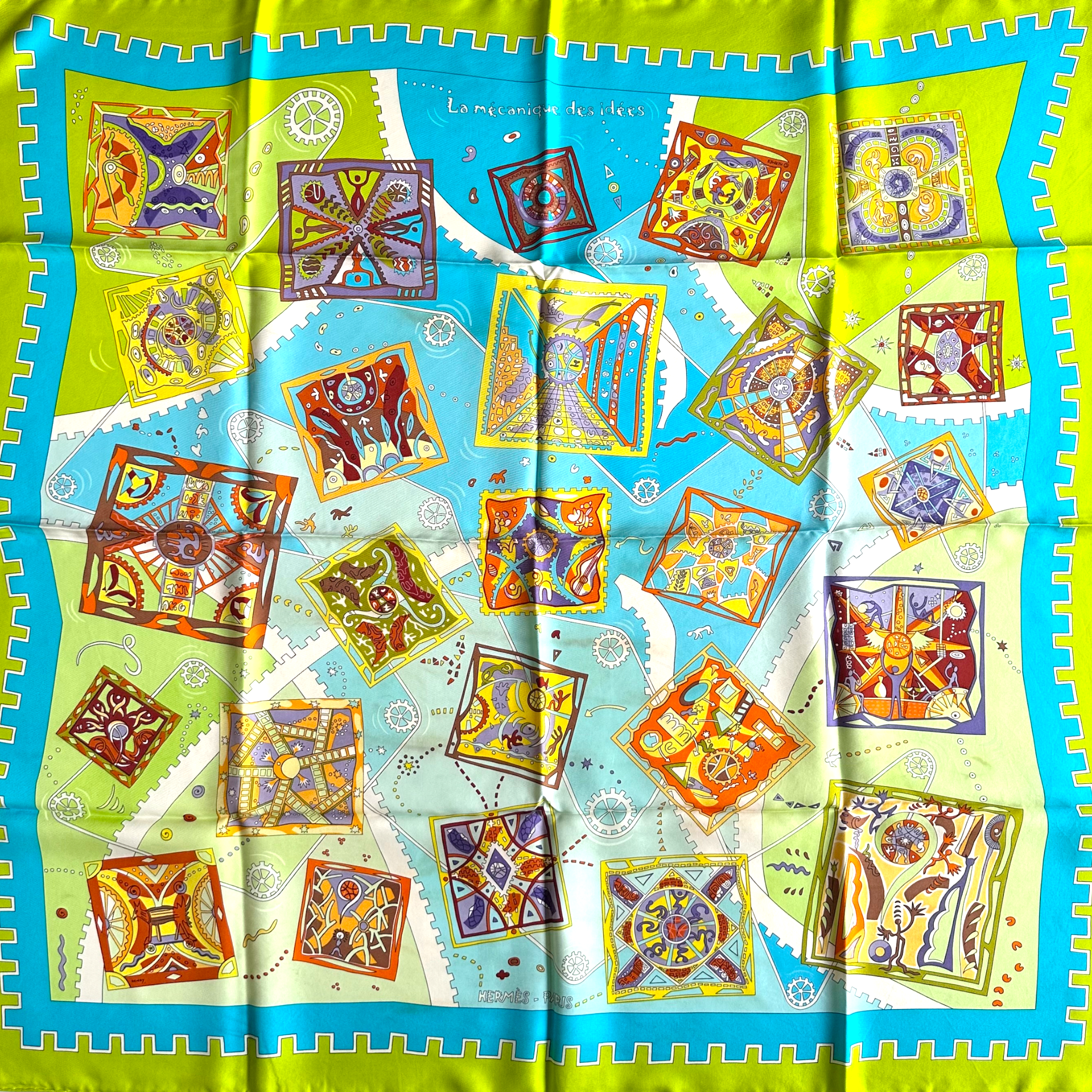 vue d'ensemble du foulard mecanique ds idées vert et turquoise