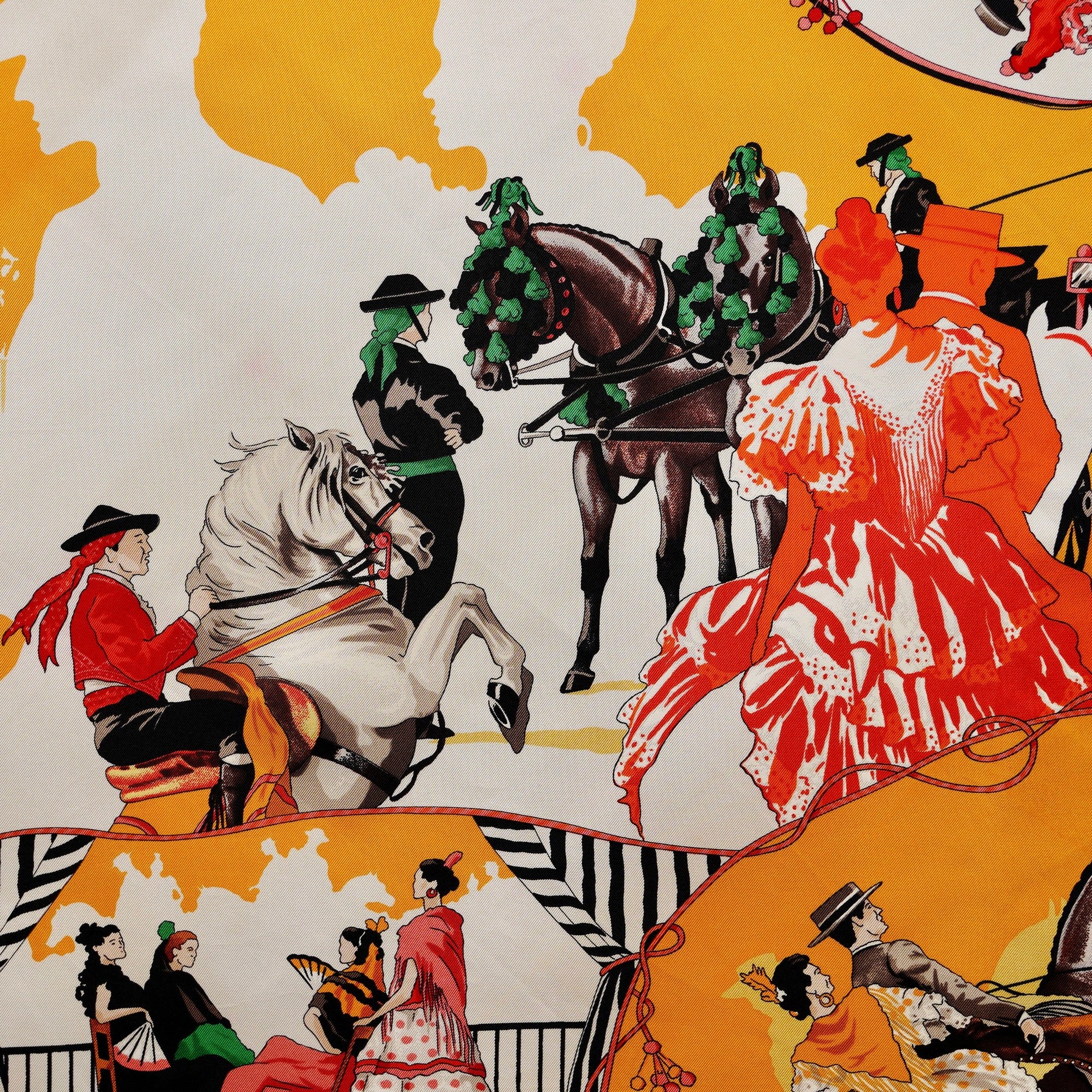 Zoom sur les détails des robes rouges à volants et des chevaux richement parés pour la Feria.