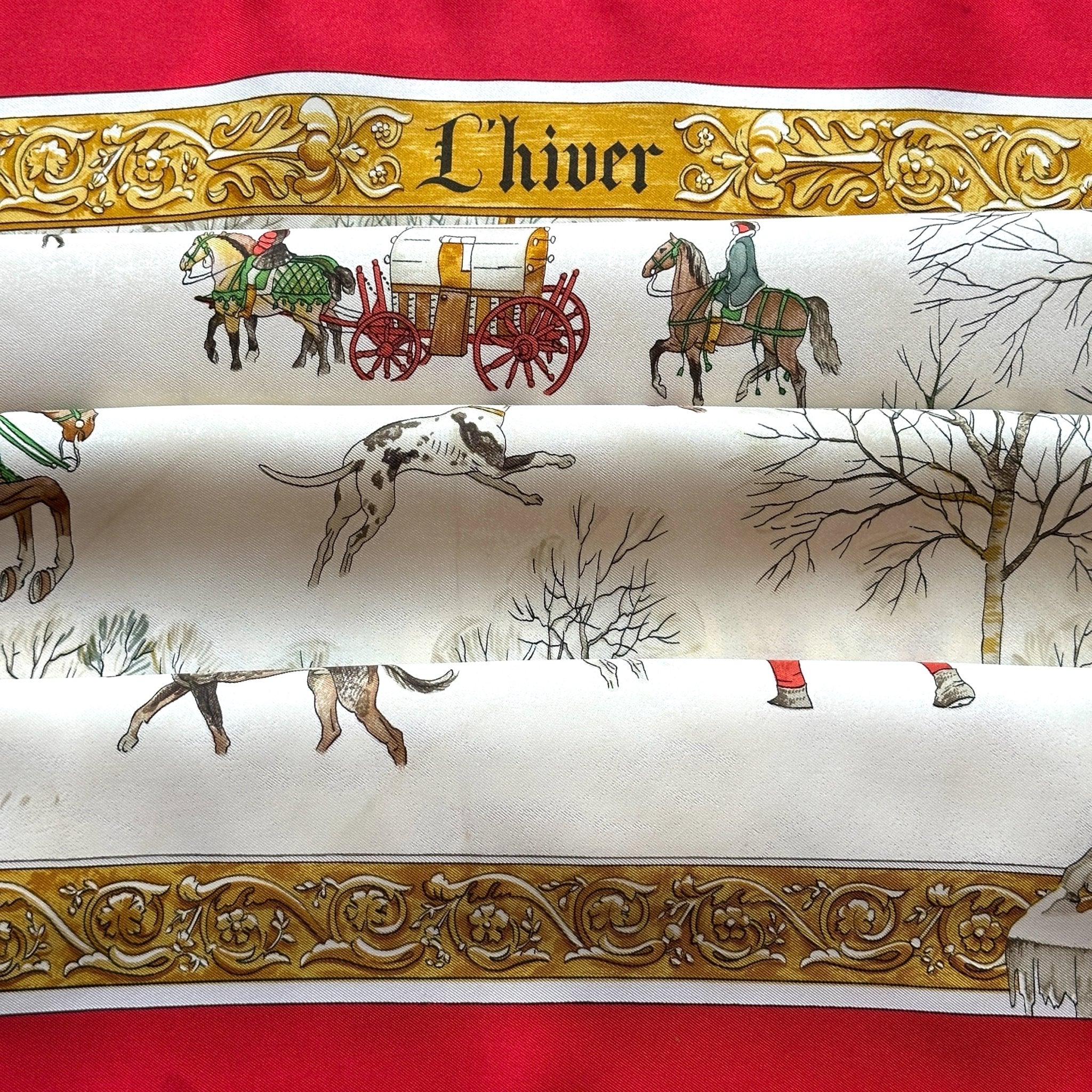 Carré Hermès L’Hiver – Deuxième vue d’ensemble, scène de chasse à courre