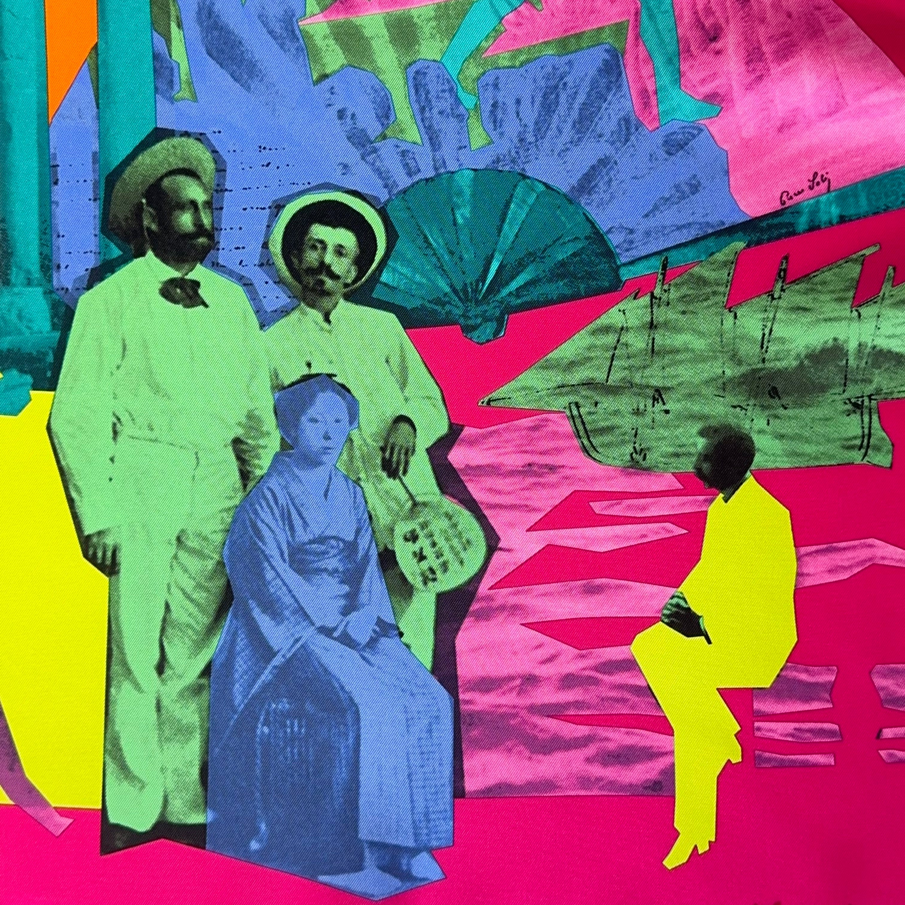 Détail du coin inférieur droit : illustration style pochoir d'un homme en costume colonial blanc, d'une femme japonaise en kimono bleu et d'une silhouette jaune assise.