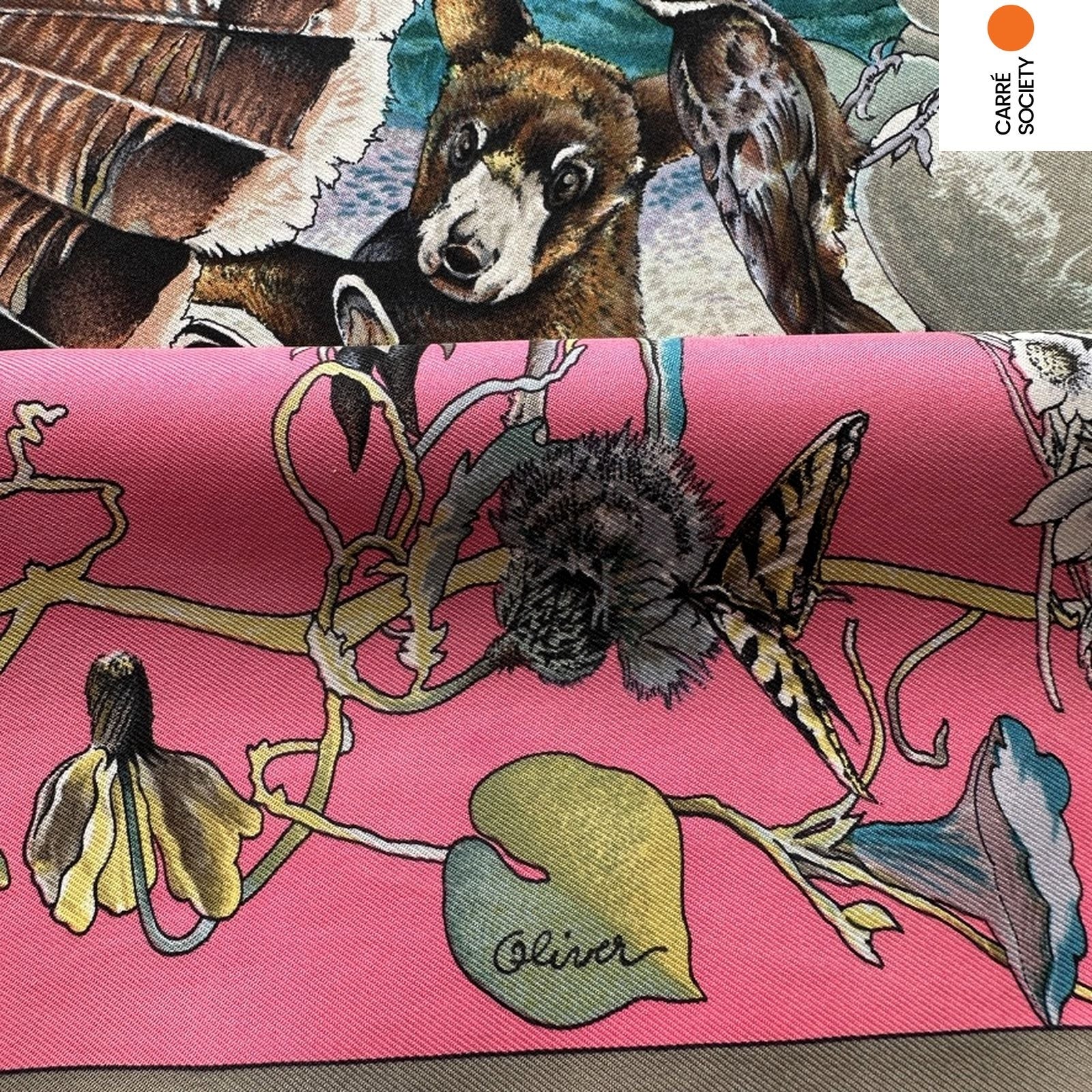 Signature Kermit Oliver sur le carré Hermès Faune et Flore du Texas – détail du dessin.