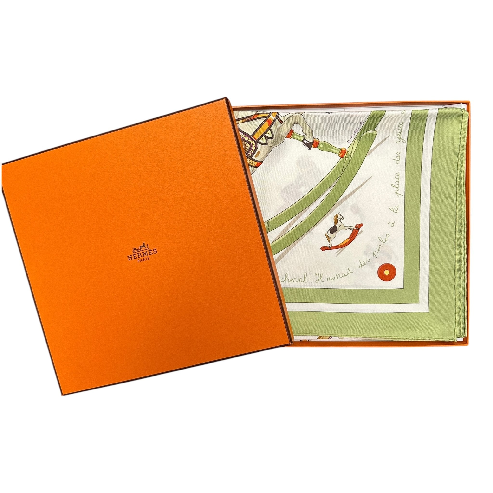 foulard hermes carre 90 cm raconte moi le cheval dans sa boite orange