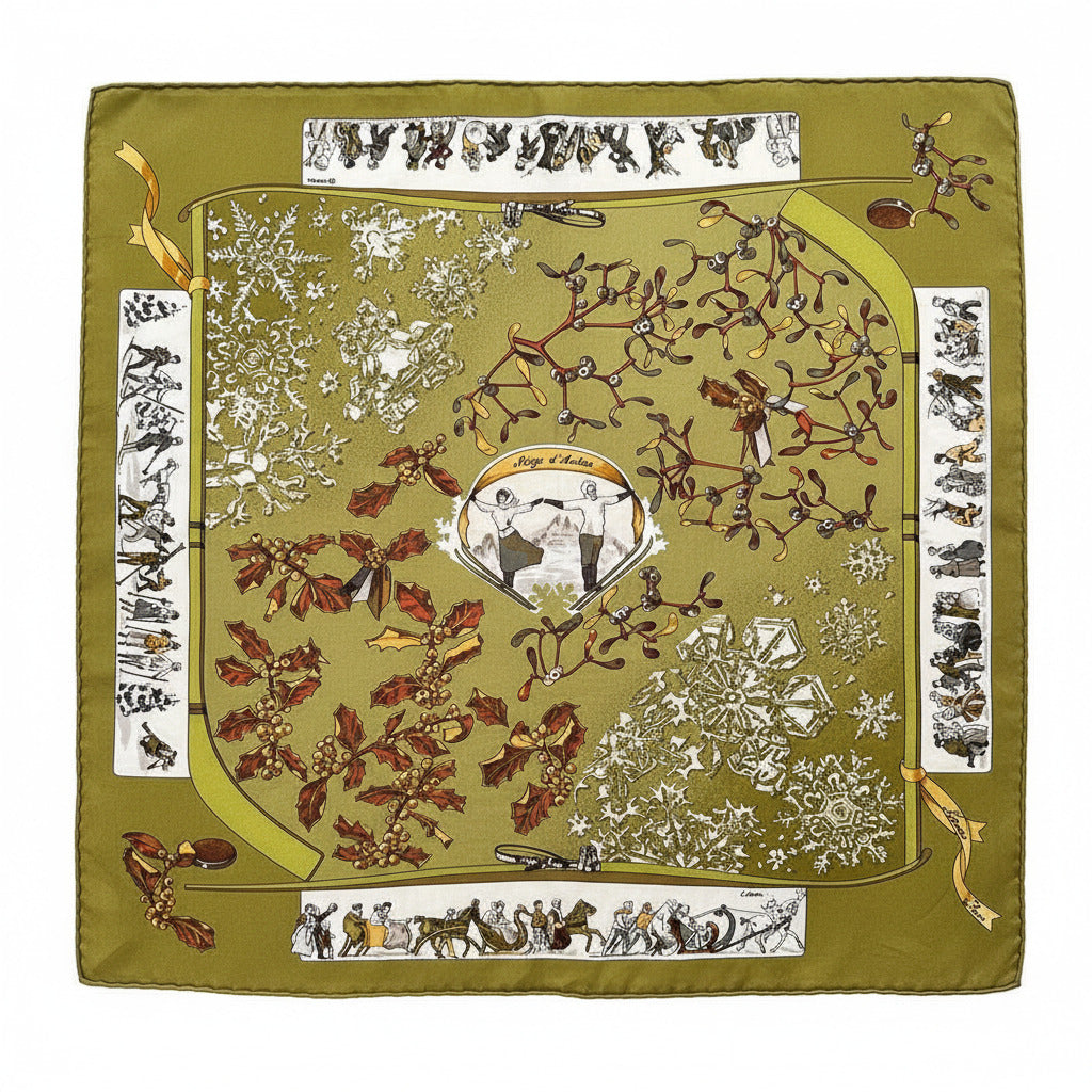 Gavroche Hermès 40 cm "Neige d'antan" par Caty Latham - Scènes d'hiver, couleur bronze