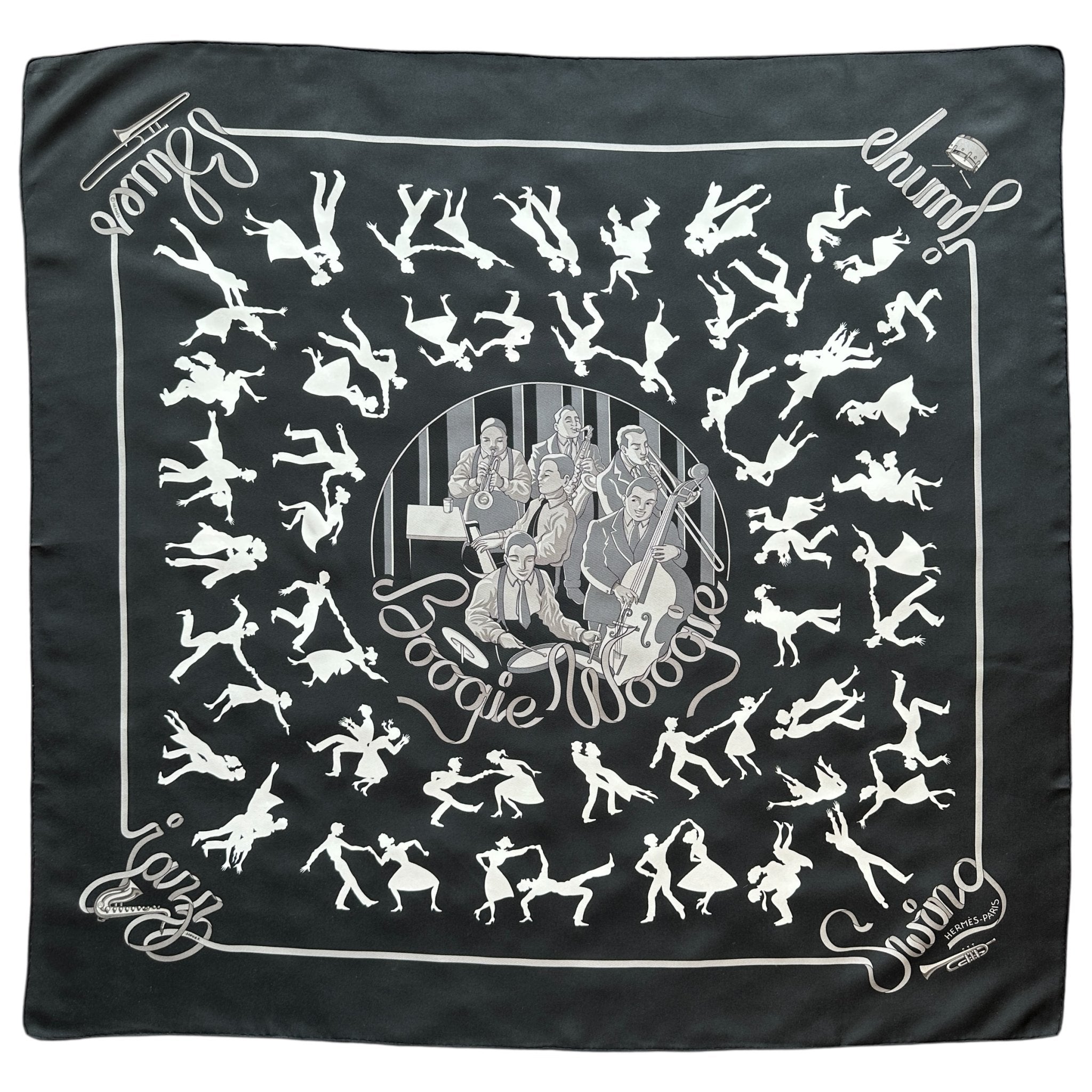 Foulard Hermès Boogie Woogie 90 cm – Vue d’ensemble, fond noir, silhouettes blanches et grises