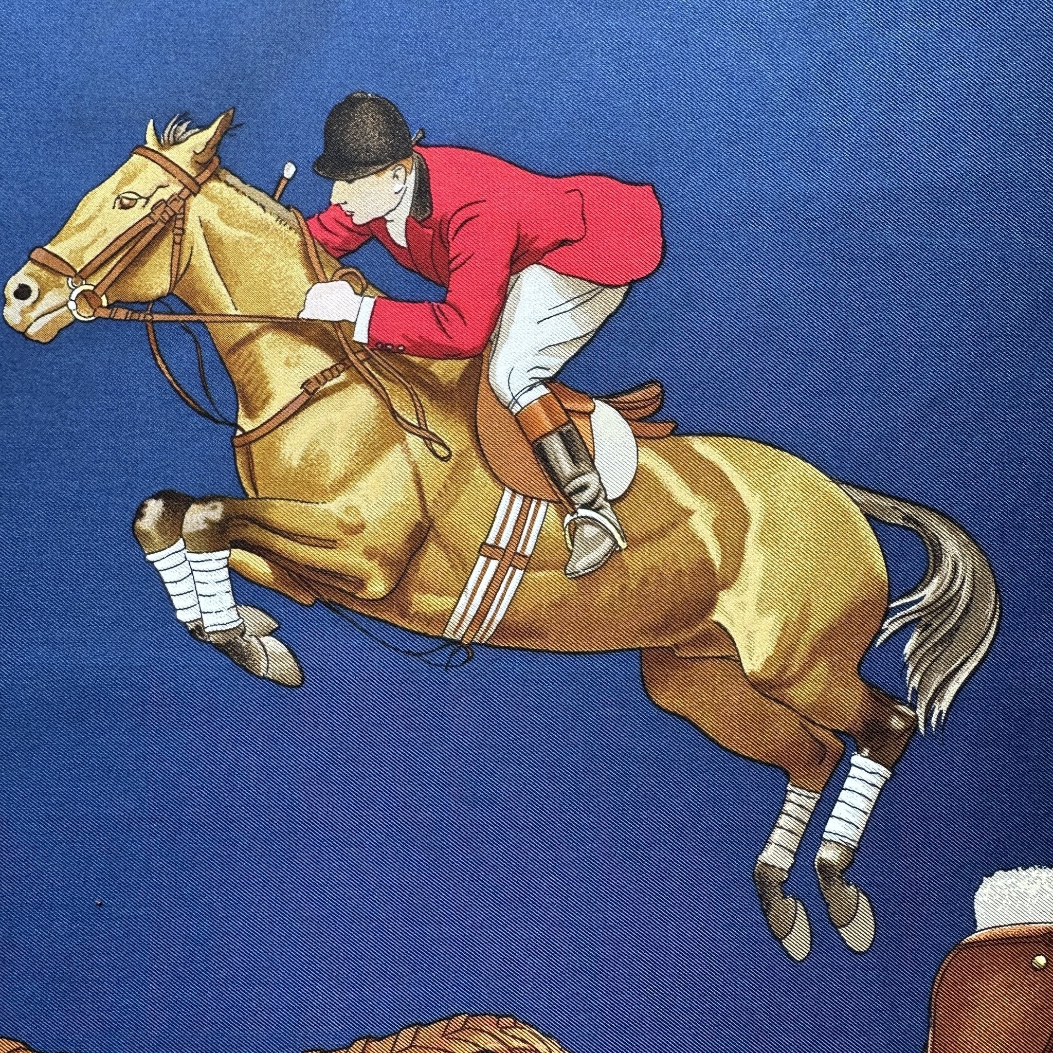 Détail du motif cavalier franchissant un obstacle