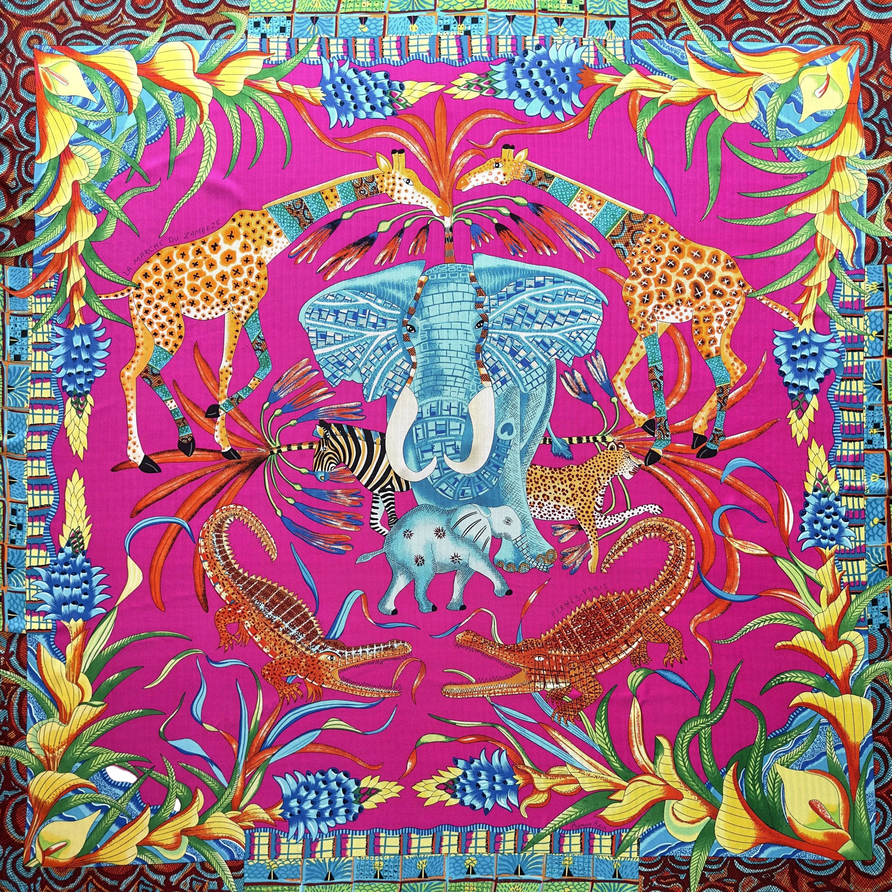 Carré Hermès La Marche du Zambèze Ardmore Artists 140 cm soie, vue d'ensemble fuchsia