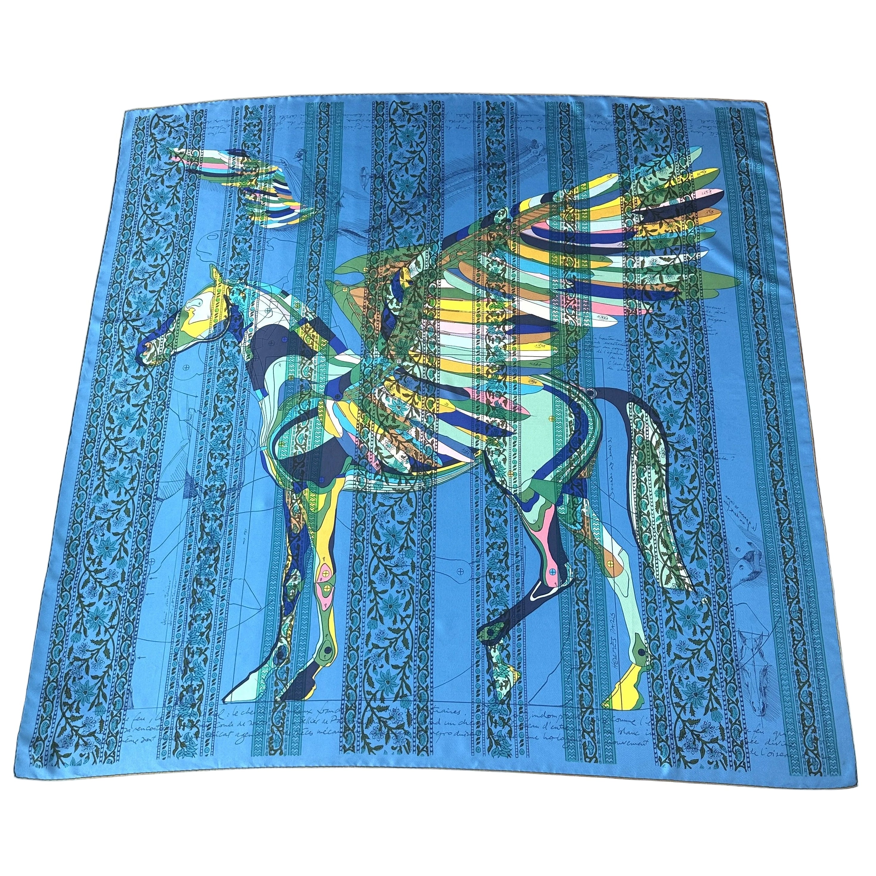 Carré Hermès Le Pégase d'Hermès au bloc Christian Renonciat 140 cm soie, vue d'ensemble bleu