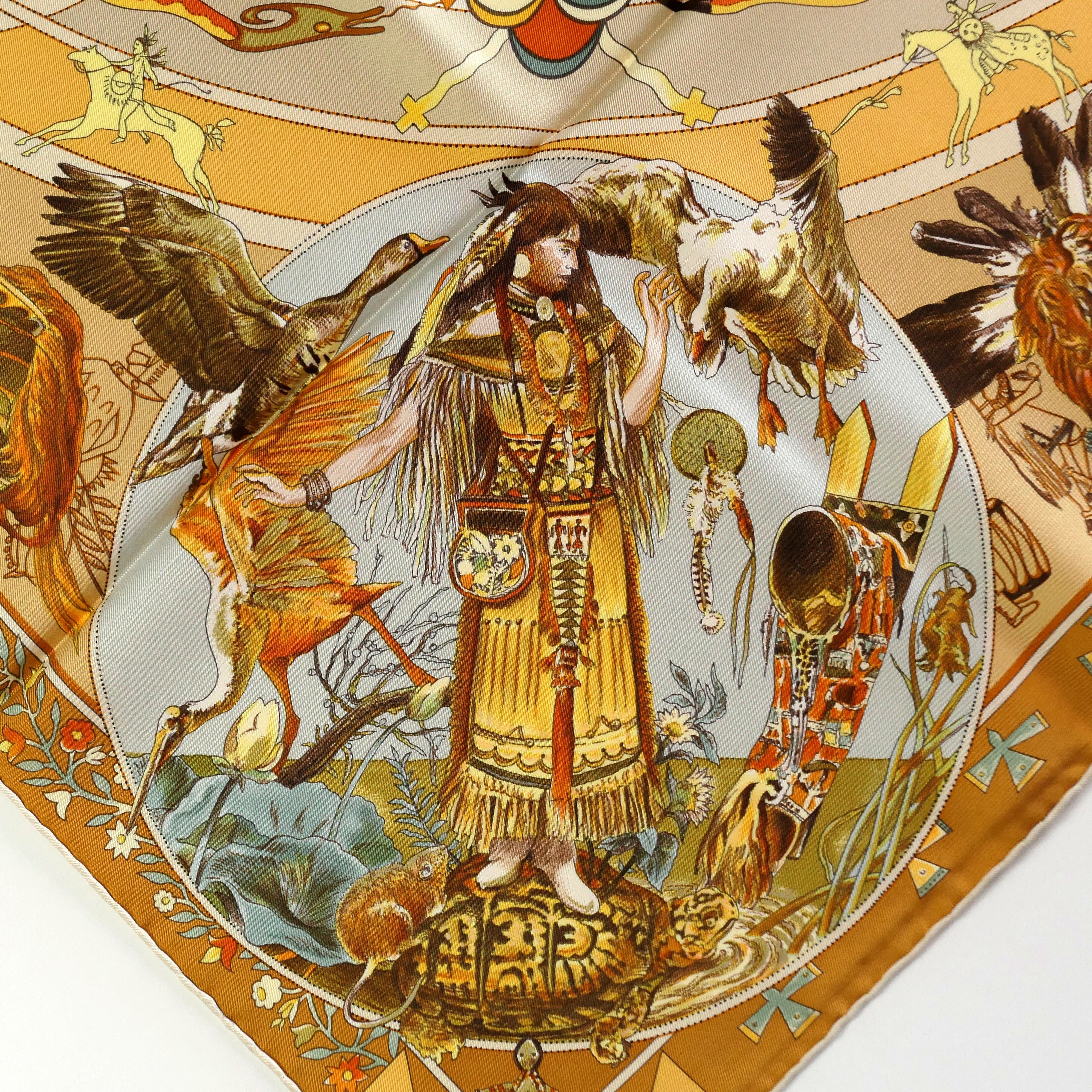 Carré Hermès Mythologies des Hommes Rouges 90 cm soie, détail femme oies tortue Turtle Island