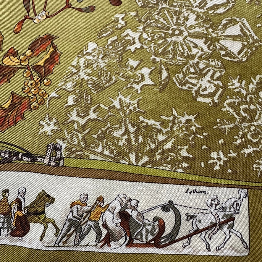 Détail de la bordure du gavroche "Neige d'antan" avec personnages et traîneaux