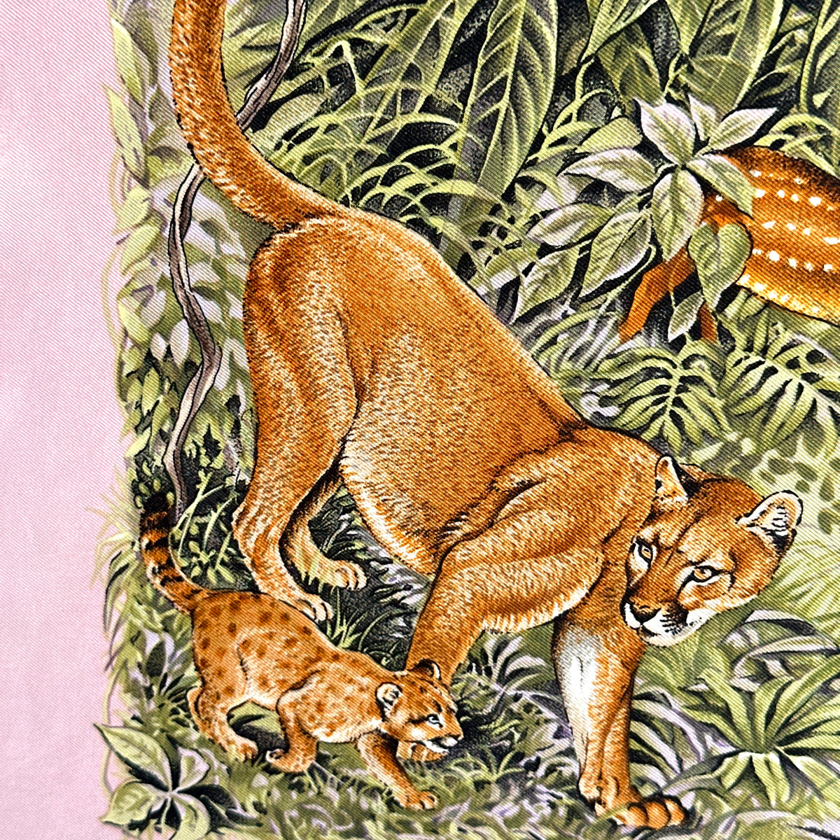 Carré Hermès Équateur de Robert Dallet, 90 cm en soie : détail du puma et de son petit
