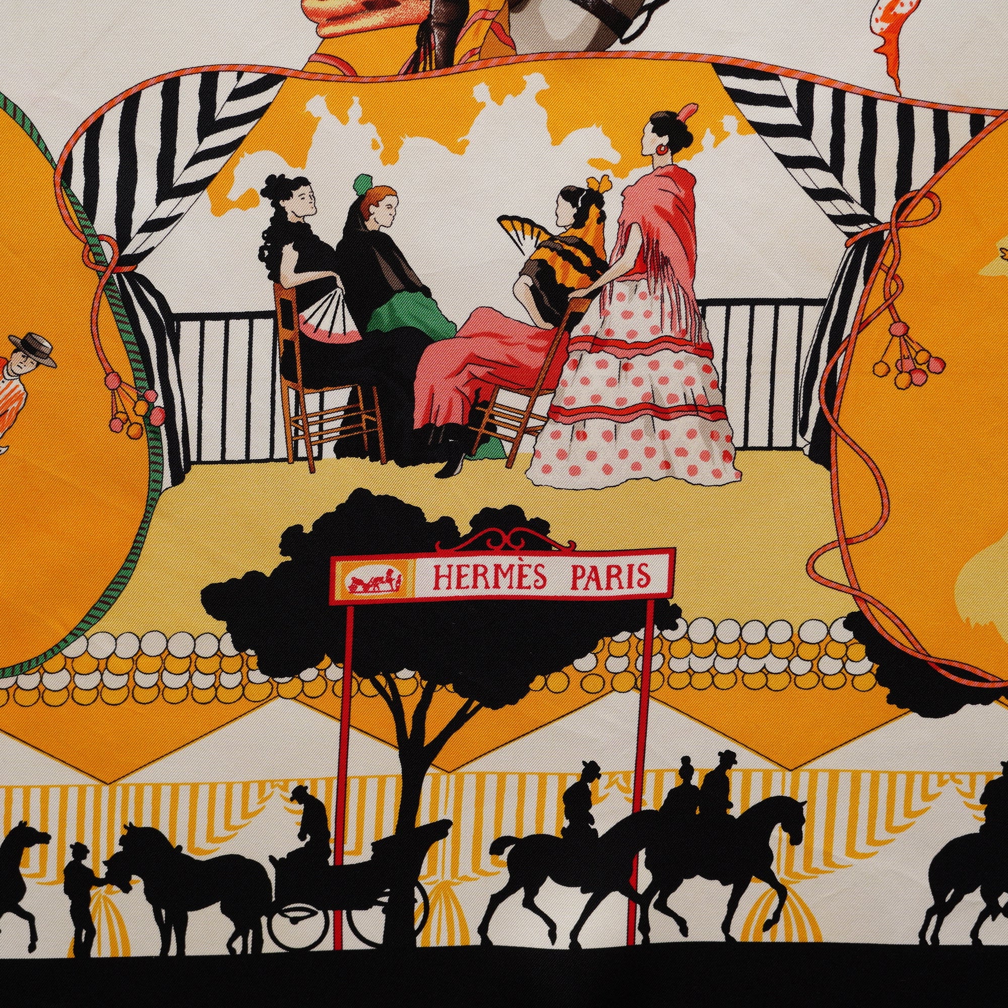 Zoom sur le cartouche central "HERMÈS - PARIS" entouré de personnages en costumes traditionnels sévillans.