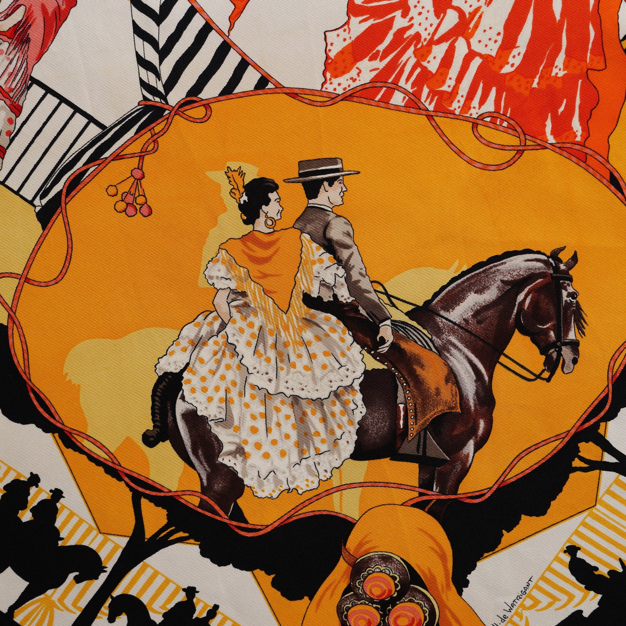 Détail artistique d'un cavalier et d'une dame en croupe, motif emblématique du carré Hermès Feria de Sevilla.