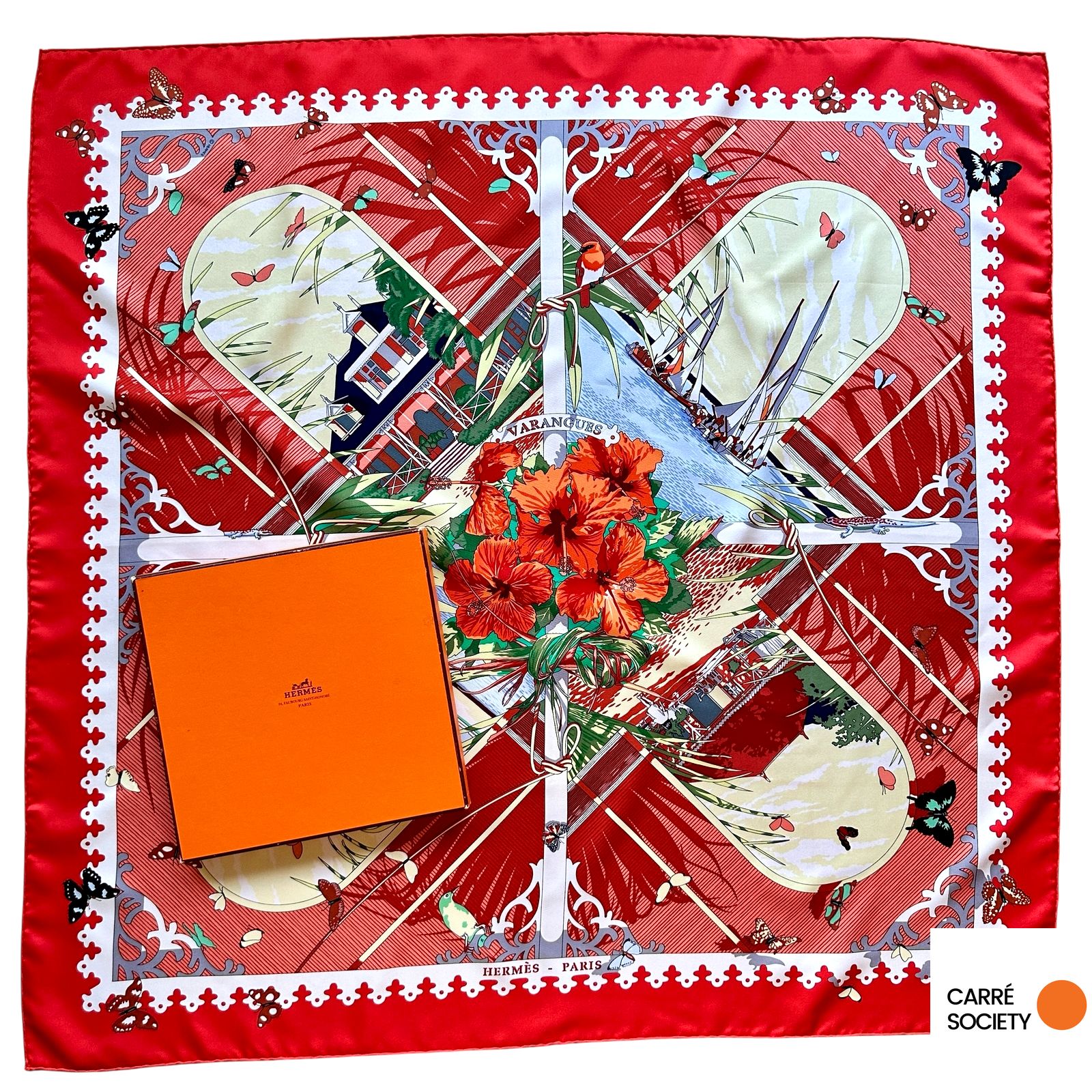 Foulard Hermès Varangues vu d’ensemble avec boîte