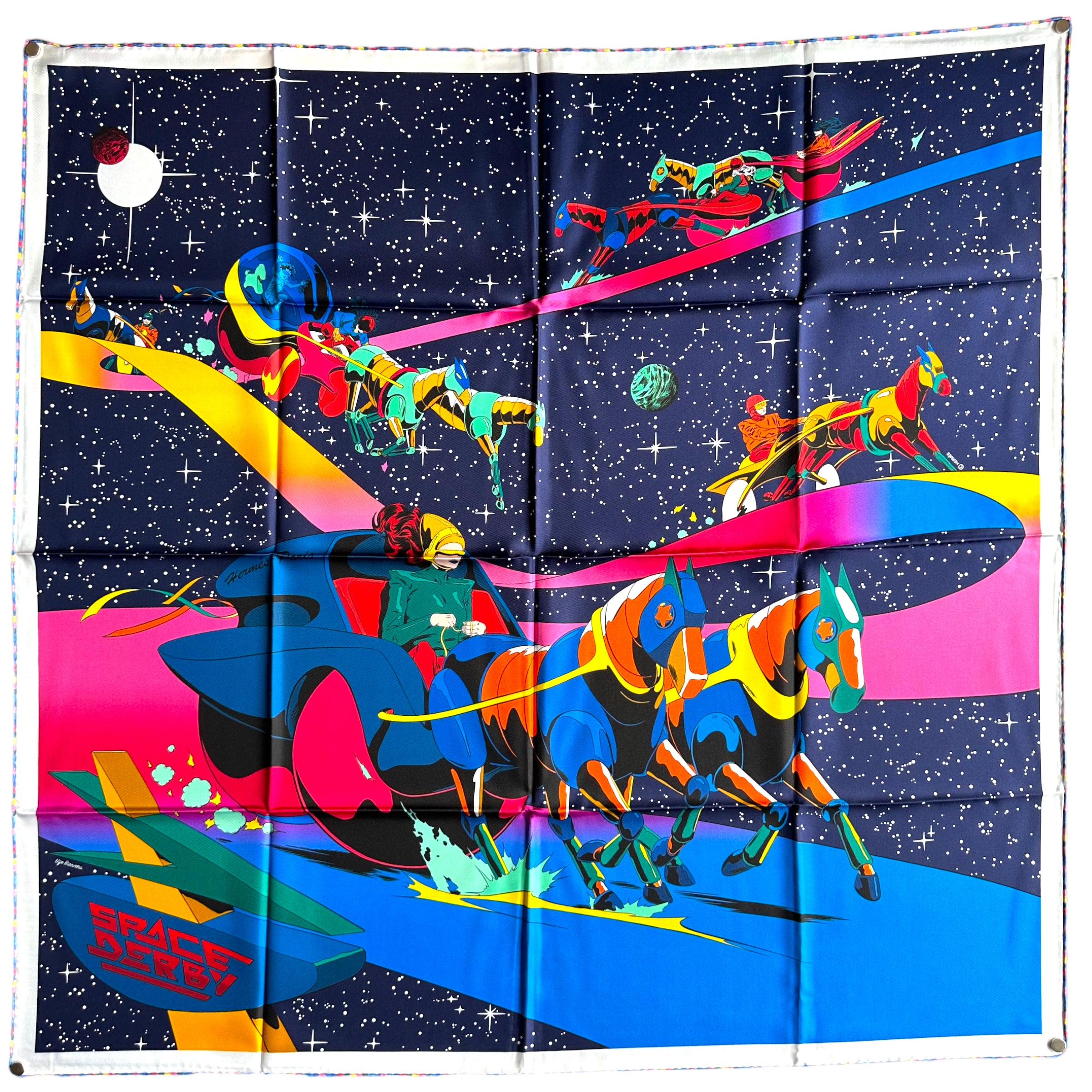 SQUARE SCARF HERMES-SPACE DERBY-UGO WELCOME-BLUE